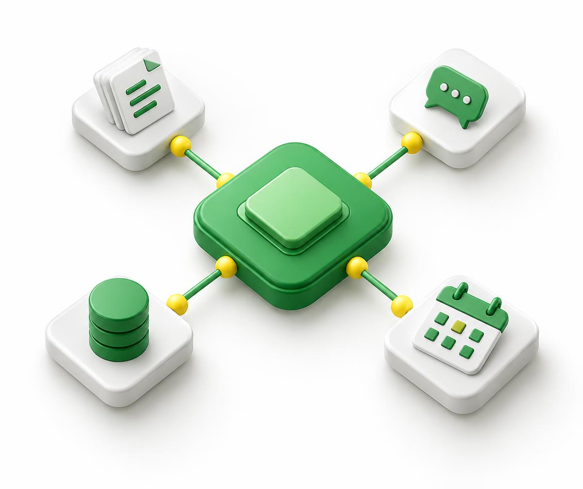 Connected AI chip, documents, messaging, database and calendar illustration